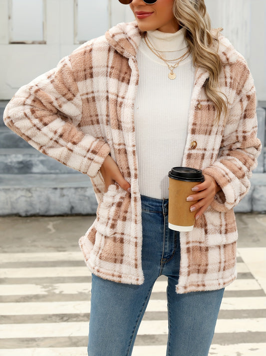 Plaid Print Patched Pockets Teddy Coat, Versatile Long Sleeve Single Breasted Winter Outwear